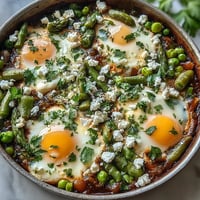 Freshly shelled peas and broad beans nestle in a simmering tomato sauce for a vibrant Pea and Broad Bean Shakshuka. 