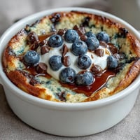 Freshly baked Baked Protein Pancake Bowl topped with peanut butter and maple syrup.