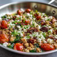 Golden Mediterranean Keto Ground Chicken Skillet with Olives and Feta, served hot and garnished with fresh parsley.