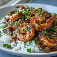 Classic New Orleans Étouffée in a rustic bowl over fluffy white rice, garnished with fresh parsley and green onions.