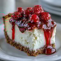Indulgent White Chocolate Raspberry Cheesecake Bliss sits on a rustic wooden board, topped with fresh raspberries and a sweet drizzle.