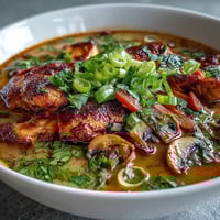 Steaming Thai Coconut Curry Soup Bowl filled with tender chicken, mushrooms, and vibrant carrots in a creamy red broth.