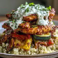 Perfectly roasted Paprika Herb Chicken Roasted Vegetable Quinoa Bowl with rose harissa drizzle. 
