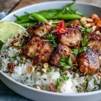 Golden-brown chicken and crisp vegetables sit atop fluffy coconut rice in this Thai Chicken Coconut Bowl, garnished with fresh herbs and chopped peanuts.