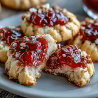 Fresh strawberry jam thumbprint cookies with golden edges and vibrant red jam centers.  