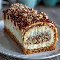Creamy cheesecake swirled with spiced carrot cake, topped with smooth frosting and chopped walnuts in a square baking pan.