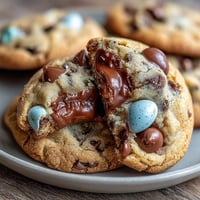 Cadbury Mini Egg Easter Chocolate Chip Cookies with colorful candy eggs and melted chocolate chips.