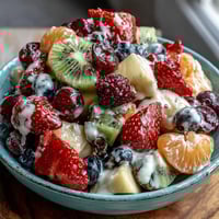 Fresh spring fruit platter with honey-yogurt dipping sauce, featuring strawberries, pineapple, and kiwi for a colorful, healthy snack.