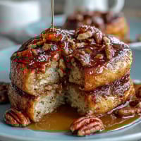 Fluffy pancake casserole baked golden, drizzled with maple syrup, and ready for a cozy breakfast table.