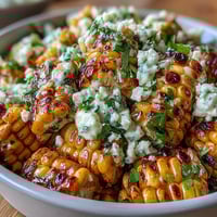 Vibrant Mexican Street Corn Salad with charred sweet corn, creamy dressing, and Cotija cheese, garnished with fresh cilantro and lime wedges.