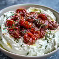 Whipped feta dip with roasted cherry tomatoes, creamy and tangy, served with warm pita bread for dipping.  