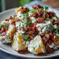 Memorial Day Potato Salad with Dill and Bacon: Creamy potato salad loaded with crispy bacon, fresh dill, and crunchy celery, perfect for summer picnics.
